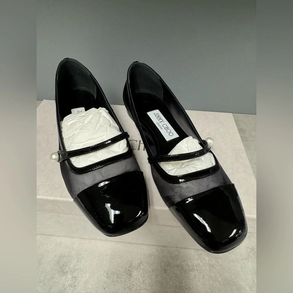 NIB- Jimmy Choo Black Patent Leather Elisa Flats with Pearl Accent